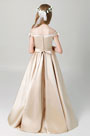 Schulterfreies Champagner Blumenmädchen Kleid