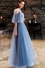 Sexy Blue Off-Shoulder Embroidery Tulle Party Prom Dress