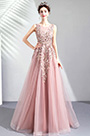 Rosa Stickerei Tüll Langes Party Prom Abendkleid