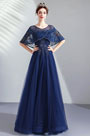 Blau Cape Lang Party Prom Abibal Kleid