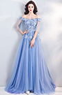 Blue OFF Shoulder Embroidery Prom Evening Dress