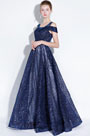 Blue Off Shoulder V- Cut Sparkle Sequins Evening