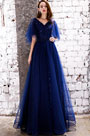 Sexy Blue V-Cut Sequins Tulle Party Prom Gown