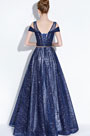 Blue Off Shoulder V- Cut Sparkle Sequins Evening