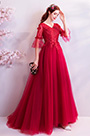 Red V-Cut Sleeves Elegant Women Wedding Party Dress