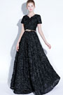 Black Short Sleeves Long Party Evening Ball Dress