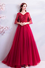 Red V-Cut Sleeves Elegant Women Wedding Party Dress