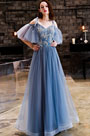 Sexy Blue Off-Shoulder Embroidery Tulle Party Prom Dress