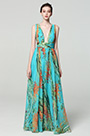 Green V-Cut Strap Print Floral Prom PartyDress