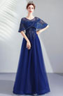 Blau Cape Lang Party Prom Abibal Kleid