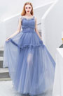 Blue Spaghetti Long Plissee Tüll Damen Partykleid