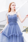 Blue Spaghetti Long Plissee Tüll Damen Partykleid