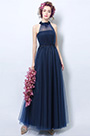 Robe de Soirée Longue Bleu Marine à Col Licou