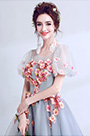 Grey Floral Sleeves Pary Prom Evening Ball Dress