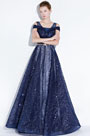 Blue Off Shoulder V- Cut Sparkle Sequins Evening
