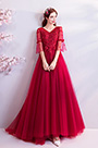 Red V-Cut Sleeves Elegant Women Wedding Party Dress