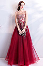 Robe de Soirée Brodée Sans Manches Bordeaux