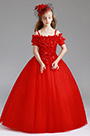 Robe de Fille Longue Rouge En Tulle Avec Fleurs
