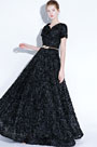 Black Short Sleeves Long Party Evening Ball Dress