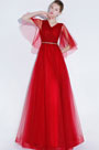 Sexy Red V-Cut Sequins Tulle Party Prom Gown