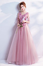 Rosa V-Ausschnitt Stickerei Tüll Party Abendkleid