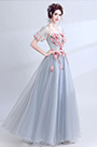 Grey Floral Sleeves Pary Prom Evening Ball Dress