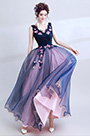 Blue Sexy V-Cut Flower Elegant Party Ball Dress