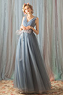 Blau tiefes V-Ausschnitt Tüll Party Abendkleid
