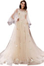 Beige Unique Sleeves Floral Tulle Party  Evening Dress