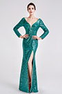 Robe de Soirée Verte à Paillettes Manches Longues