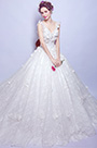 White V-Cut Floral Long Train Wedding Dress