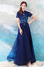 Robe de Soirée Bleue à Col Haut En Dentelle