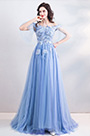 Blue OFF Shoulder Embroidery Prom Evening Dress