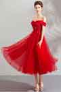 Robe de Soirée Rouge En Tulle à Épaules Dénudées