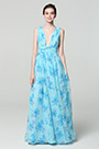 Imprimé Bleu Robe de Soirée Florale V Col