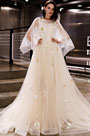 Beige Unique Sleeves Floral Tulle Party  Evening Dress