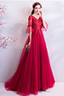 Red V-Cut Sleeves Elegant Women Wedding Party Dress