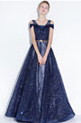 Blue Off Shoulder V- Cut Sparkle Sequins Evening