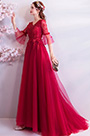 Red V-Cut Sleeves Elegant Women Wedding Party Dress