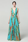 Green V-Cut Strap Print Floral Prom PartyDress
