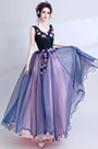 Blue Sexy V-Cut Flower Elegant Party Ball Dress