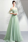 Robe de Soirée Verte à Broderies Forales En Tulle