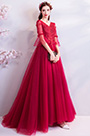 Red V-Cut Sleeves Elegant Women Wedding Party Dress