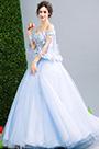 Blaue Schulterfrei Stickerei Party Ball Kleid