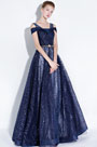 Blue Off Shoulder V- Cut Sparkle Sequins Evening