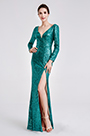 Robe de Soirée Verte à Paillettes Manches Longues