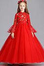 Красное длинное платье для девочек с вышивкой
