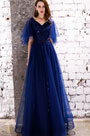 Sexy Blue V-Cut Sequins Tulle Party Prom Gown
