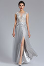 Grau Tüll Hoher Schlitz Spitze Abendkleid