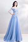 Blue OFF Shoulder Embroidery Prom Evening Dress